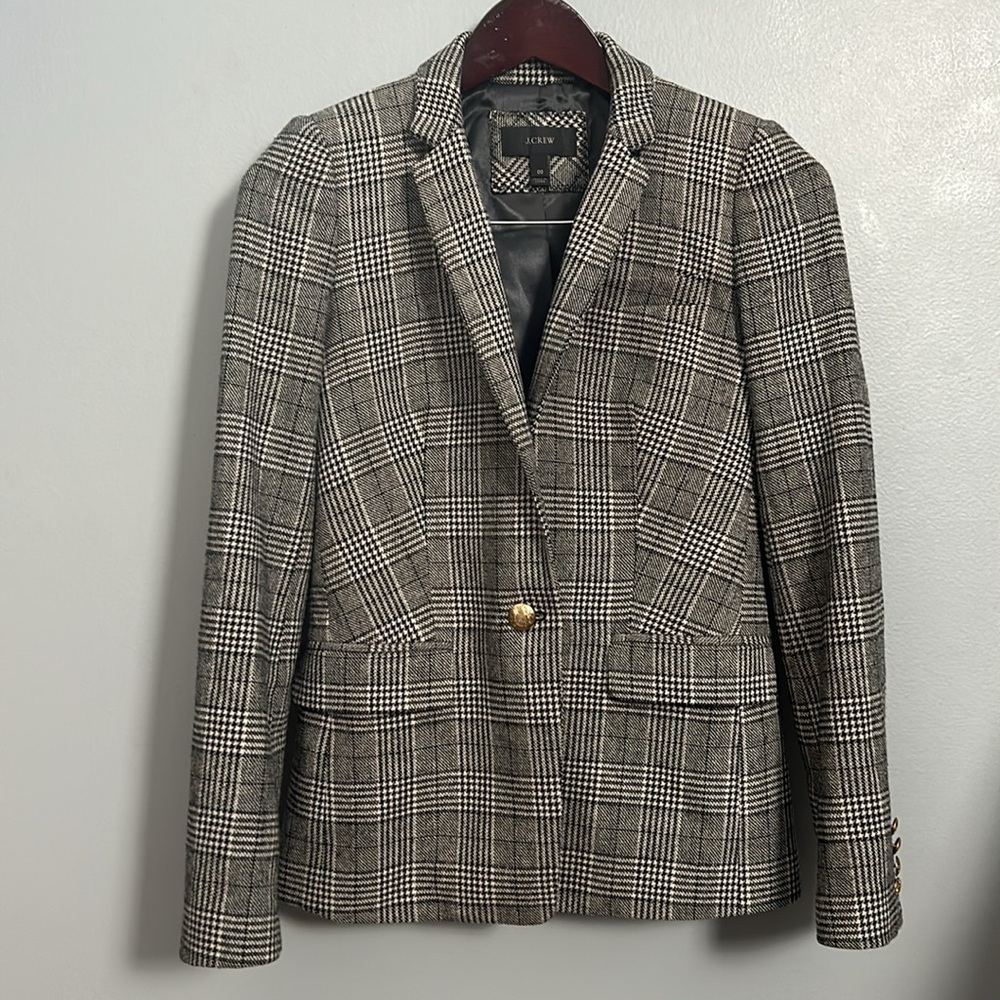 J. Crew Wool Black White Herringbone Style Single Button Blazer size 00